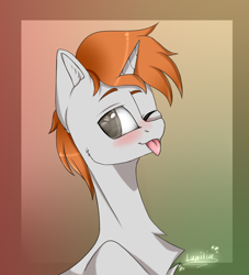 Size: 4000x4400 | Tagged: source needed, safe, artist:lunilin, oc, oc only, oc:darkmind, pony, unicorn, blind, embarrassed, gradient background, male, solo, stallion, tongue out