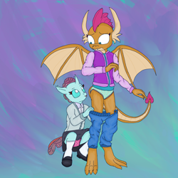 Size: 2000x2000 | Tagged: safe, artist:tahublade7, ocellus, smolder, changedling, changeling, dragon, anthro, digitigrade anthro, g4, :p, assisted exposure, blue underwear, clothes, dragoness, female, frilly underwear, heart, heart print underwear, high res, panties, pants, pants down, pantsing, panty shot, pink underwear, polka dot underwear, practical joke, prank, silly panties, skirt, tongue out, underwear, upskirt