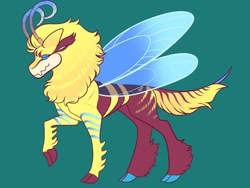 Size: 1024x768 | Tagged: safe, artist:loryska, oc, oc only, bee, beeling, changeling, flash bee, hybrid, antennae, changeling hybrid, colored hooves, green background, interspecies offspring, offspring, parent:flash bee queen, parent:thorax, raised hoof, simple background, slit pupils, solo