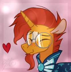 Size: 864x870 | Tagged: safe, artist:enma-darei, sunburst, pony, unicorn, g4, blushing, brooch, clothes, cute, facial hair, glasses, goatee, heart, jewelry, male, robe, simple background, smiling, solo, stallion, sunbetes, sunburst's brooch, sunburst's cloak