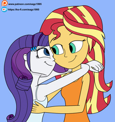 Size: 2769x2937 | Tagged: safe, artist:eagc7, rarity, sunset shimmer, equestria girls, g4, arms around neck, bedroom eyes, clothes, duo, female, high res, hug, ko-fi, lesbian, patreon, shipping, simple background, sleeveless, sunsarity, tank top