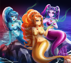 Size: 1125x1000 | Tagged: safe, artist:racoonsan, color edit, edit, editor:drakeyc, adagio dazzle, aria blaze, sonata dusk, mermaid, siren, starfish, equestria girls, g4, adoragio, adorasexy, ariabetes, bare shoulders, belly button, blurry background, breasts, colored, cute, cute little fangs, dazzlebetes, ear fins, equestria girls edit, eyelashes, eyeshadow, fangs, feeding, female, fish tail, gem, hair tie, lidded eyes, long nails, looking at you, magic, makeup, mermaidized, nail polish, negative energy, noblewoman's laugh, ocean, open mouth, outdoors, patreon, pigtails, ponytail, raised eyebrow, reasonably sized breasts, rock, scales, sexy, siren gem, sirens doing siren things, sitting, skin color edit, smiling, smirk, sonatabetes, species swap, spiked headband, the dazzlings, trio, twintails, water