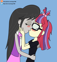 Size: 3537x3789 | Tagged: safe, artist:eagc7, moondancer, octavia melody, human, equestria girls, g4, blue background, blushing, duo, duo female, eyes closed, female, glasses, high res, kiss on the lips, kissing, ko-fi, lesbian, patreon, simple background