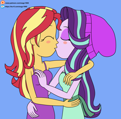 Size: 3001x2945 | Tagged: safe, artist:eagc7, starlight glimmer, sunset shimmer, equestria girls, bare shoulders, beanie, blushing, breast grab, breasts, clothes, dress, duo, duo female, female, grope, hat, kiss on the lips, kissing, ko-fi, lesbian, patreon, patreon logo, shimmerglimmer, shipping, simple background, sleeveless, strapless