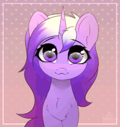Size: 1389x1477 | Tagged: safe, artist:radioaxi, oc, oc only, oc:stardust (midnight note), pony, unicorn, :3, abstract background, animated, chest fluff, cute, eyes closed, female, heart, heart eyes, looking at you, mare, ocbetes, smiling, solo, wingding eyes