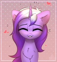 Size: 1381x1492 | Tagged: safe, alternate version, artist:radioaxi, oc, oc only, oc:stardust (midnight note), pony, unicorn, :3, abstract background, chest fluff, eyes closed, female, heart, mare, smiling, solo