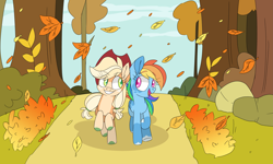 Size: 5909x3545 | Tagged: safe, artist:taaffeiite, derpibooru exclusive, applejack, rainbow dash, earth pony, pegasus, pony, fall weather friends, g4, season 1, absurd resolution, alternate color palette, alternate design, atg 2020, coat markings, colored hooves, duo, duo female, eye clipping through hair, eyebrows, eyebrows visible through hair, female, grin, leaves, looking at each other, mare, newbie artist training grounds, open mouth, open smile, redraw, running of the leaves, scene interpretation, smiling, smiling at each other, socks (coat markings), tree