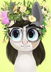 Size: 2897x4096 | Tagged: safe, artist:toisanemoif, oc, oc only, pony, :i, bust, female, floral head wreath, flower, glasses, nose piercing, piercing, portrait, solo