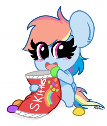 Size: 1200x1414 | Tagged: safe, artist:kittyrosie, rainbow dash, pegasus, pony, g4, blushing, candy, cute, dashabetes, eating, female, food, happy, hoof hold, mare, micro, open mouth, signature, skittles, smiling, solo