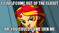 Size: 600x338 | Tagged: safe, edit, edited screencap, screencap, sunset shimmer, equestria girls, g4, my little pony equestria girls, bronybait, caption, evil grin, female, grin, image macro, looking at you, smiling, solo, text