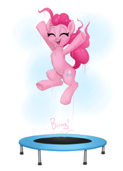 Size: 1408x1956 | Tagged: safe, artist:confetticakez, pinkie pie, earth pony, pony, g4, atg 2020, chest fluff, cute, diapinkes, eyes closed, female, jumping, mare, newbie artist training grounds, open mouth, simple background, solo, trampoline, white background