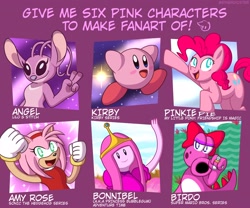 Size: 4096x3400 | Tagged: safe, artist:synergicstar, pinkie pie, birdo, earth pony, pony, puffball, g4, :d, adventure time, amy rose, angel (lilo and stitch), bow, crossover, female, hair bow, kirby, kirby (series), kirby pie, lilo and stitch, male, mare, mario bros., princess bubblegum, six fanarts, smiling, sonic the hedgehog (series), super mario bros.
