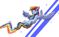 Size: 4000x2550 | Tagged: safe, artist:vanillaghosties, rainbow dash, pegasus, pony, g4, atg 2020, backwards cutie mark, female, flying, high res, mare, newbie artist training grounds, rainbow trail, smiling, solo, spread wings, wings