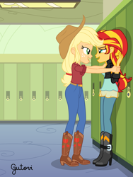 Size: 2501x3334 | Tagged: safe, artist:gutovi, applejack, sunset shimmer, human, equestria girls, g4, against wall, boots, canterlot high, clothes, female, hallway, high res, lesbian, lockers, pants, pinned, sassy, ship:appleshimmer, shipping, shoes