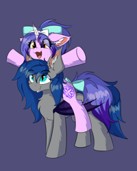 Size: 960x1200 | Tagged: safe, artist:lunar froxy, oc, oc only, oc:avici flower, oc:lunar frost, bat pony, pony, unicorn, avici flower riding lunar frost, bandage, bat pony oc, bat wings, bow, cheek fluff, chest fluff, cute, ear fluff, hair bow, happy, ponies riding ponies, riding, simple background, size difference, tail bow, wings