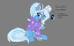 Size: 1920x1200 | Tagged: safe, artist:lunar froxy, trixie, pony, unicorn, alternate hairstyle, babysitter trixie, cellphone, cheek fluff, clothes, ear fluff, female, fluffy, gameloft interpretation, gray background, hoodie, looking at you, mare, phone, pigtails, simple background, sitting, smartphone, solo, twintails