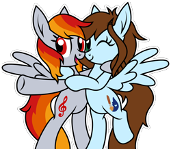 Size: 2508x2186 | Tagged: safe, artist:tridashie, oc, oc only, oc:shinycyan, oc:tridashie, pegasus, pony, bipedal, duo, high res, hug, looking at you, one eye closed, simple background, smiling, spread wings, transparent background, wings, wink