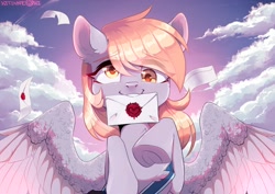 Size: 1748x1240 | Tagged: safe, artist:hakkerman, derpy hooves, pegasus, pony, g4, chest fluff, cloud, ear fluff, envelope, female, flying, frog (hoof), heart eyes, mail, mare, signature, sky, solo, stamp, teeth, two toned wings, underhoof, wingding eyes, wings