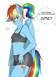 Size: 1280x1754 | Tagged: safe, artist:bravejockey, rainbow dash, pegasus, anthro, g4, alternate hairstyle, blue fur, blushing, breasts, clothes, delicious flat chest, female, gym shorts, i'm not cute, mare, midriff, offscreen character, pink eyes, ponytail, rainbow flat, rainbow tail, sexy, shorts, sports bra, sports shorts, sporty style, tail, tomboy, tsunderainbow, tsundere, wings