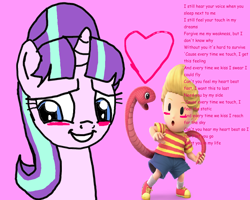 Size: 1282x1024 | Tagged: safe, starlight glimmer, pony, unicorn, g4, 1000 hours in ms paint, blushing, cascada (song), crack shipping, crossover, crossover shipping, everytime we touch, female, lucas, lucasglimmer, mare, mother 3, mother series, pink background, shipping, simple background