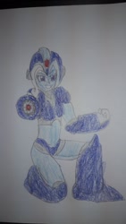 Size: 1280x2276 | Tagged: safe, artist:infinitydragon900, trixie, anthro, g4, ambiguous facial structure, arm cannon, armor, clothes, cosplay, costume, crossover, female, mega man, mega man (series), megaman x, solo, traditional art