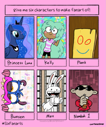 Size: 761x911 | Tagged: safe, artist:cartuneslover16, princess luna, alicorn, human, pony, rabbit, anthro, g4, animal, bunsen beast, bunsen is a beast, clothes, codename kids next door, crossover, ed edd n eddy, ethereal mane, female, kelly, mare, max (sam and max), nigel uno, numbuh 1, open mouth, peytral, plank (ed edd n eddy), sam and max, six fanarts, smiling, star vs the forces of evil, starry mane, sunglasses
