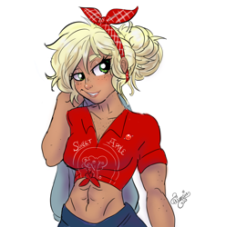Size: 1280x1290 | Tagged: safe, artist:ask-sunpie, artist:wimsie, applejack, human, tumblr:ask sunpie, g4, abs, bandana, belly button, breasts, busty applejack, chest freckles, female, freckles, front knot midriff, humanized, midriff, pin, solo, tanned