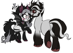 Size: 743x542 | Tagged: safe, artist:angei-bites, oc, oc:angel bites, oc:ghost, bat pony, pony, unicorn, blushing, female, male, mare, simple background, stallion, transparent background