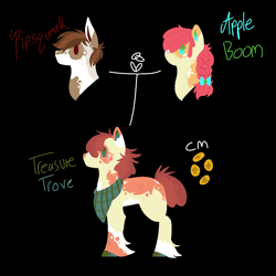 Size: 1100x1100 | Tagged: safe, artist:lepiswerid, apple bloom, pipsqueak, oc, oc:treasure trove, earth pony, pony, g4, bandana, bow, braid, colored hooves, cutie mark, faded, married, married couple, marsverse, offspring, parent:apple bloom, parent:pipsqueak, parents:pipbloom, redesign