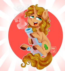 Size: 1295x1400 | Tagged: safe, artist:meqiopeach, oc, oc only, pony, unicorn, bong, circle background, curly hair, curly mane, green eyes, high, hooves, looking at you, male, raised eyebrow, raised hoof, smiling, smoke, solo, stallion, stripes