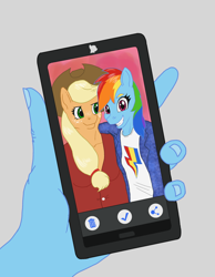 Size: 868x1121 | Tagged: safe, artist:friendshipishorses, applejack, rainbow dash, anthro, g4, cellphone, clothes, female, phone, selfie, shirt