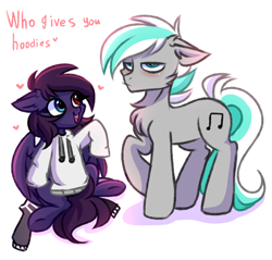 Size: 3000x2872 | Tagged: safe, artist:pesty_skillengton, oc, oc:pestyskillengton, oc:silvernote, earth pony, pegasus, pony, clothes, cute, female, high res, hoodie, love, male, mare, shipping, stallion, text