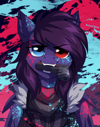 Size: 2400x3052 | Tagged: safe, artist:redchetgreen, oc, oc only, oc:pestyskillengton, pegasus, pony, bust, clothes, ear fluff, female, glare, gun, handgun, heterochromia, high res, hoodie, looking at you, mare, mouth hold, nom, pistol, portrait, rsmirk, sharp teeth, solo, teeth, weapon, wing fluff