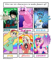 Size: 569x680 | Tagged: safe, artist:lunakittyrose, princess cadance, alicorn, cat, demon, gem (race), human, hybrid, kaiju, pony, anthro, g4, spoiler:steven universe, spoiler:steven universe future, anthro with ponies, charlie magne, clothes, crossover, deku's hero costume, female, fire, grin, hazbin hotel, hellaverse, hellborn, inside of every demon is a rainbow, izuku midoriya, kaijufied, male, mare, monster, monster steven, my hero academia, nicole watterson, open mouth, out of frame, princess, princess of hell, rainbow, shrug, six fanarts, smiling, spoilers for another series, star butterfly, star vs the forces of evil, steven quartz universe, steven universe, steven universe future, that's entertainment, the amazing world of gumball