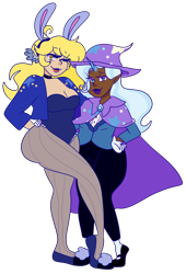 Size: 1880x2762 | Tagged: safe, artist:cubbybatdoodles, derpy hooves, trixie, human, pegasus, unicorn, g4, bunny ears, colored, dark skin, elf ears, female, horn, horned humanization, humanized, lesbian, shipping, simple background, transparent background, tripy, unicorns as elves