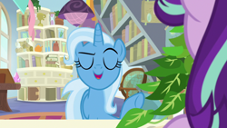 Size: 1920x1080 | Tagged: safe, screencap, phyllis, starlight glimmer, trixie, pony, unicorn, a horse shoe-in, g4, eyes closed, female, mare, philodendron, plant, potted plant, starlight's office