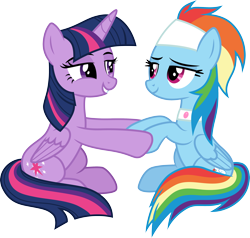 Size: 3146x3000 | Tagged: safe, artist:cloudy glow, artist:yanoda, rainbow dash, twilight sparkle, alicorn, pegasus, pony, deep tissue memories, g4, my little pony: friendship is forever, alternate hairstyle, cutie mark, duo, female, high res, implied shipping, simple background, sitting, smiling, spa pony rainbow dash, transparent background, twilight sparkle (alicorn), vector