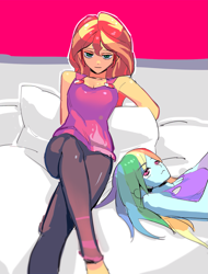 Size: 1195x1574 | Tagged: safe, artist:ceitama, rainbow dash, sunset shimmer, equestria girls, g4, bed, bedroom eyes, crossed legs, duo, female, looking at you, lying on bed, on back, on bed, sitting