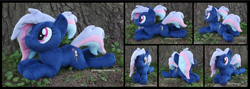 Size: 4920x1754 | Tagged: safe, artist:peruserofpieces, oc, oc:bit rate, earth pony, pony, beanie (plushie), earth pony oc, female, irl, looking at you, mare, multiple views, photo, plushie, ponytail, prone, smiling, solo, tree