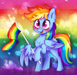 Size: 1334x1300 | Tagged: safe, artist:meqiopeach, rainbow dash, pegasus, pony, g4, big eyes, blushing, chest fluff, cloud, cute, dashabetes, female, flag, mare, messy mane, newbie artist training grounds, open mouth, open smile, pride, pride flag, rainbow background, rainbow tail, raised hoof, raised leg, raised tail, simple background, smiling, solo, spread wings, tail, wings