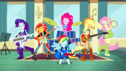 Size: 800x450 | Tagged: safe, screencap, applejack, fluttershy, pinkie pie, rainbow dash, rarity, sunset shimmer, equestria girls, friendship games, g4, animated, band, bass guitar, drums, eyes closed, female, guitar, humane five, keytar, musical instrument, ponied up, tambourine, the rainbooms