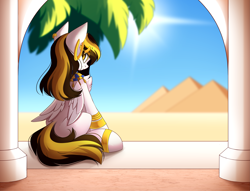 Size: 5241x4001 | Tagged: safe, artist:airiniblock, oc, oc only, oc:tulpa twilight, pegasus, pony, rcf community, absurd resolution, desert, ear piercing, earring, egyptian, egyptian pony, female, gold, jewelry, looking at you, looking back, piercing, pyramid, sitting, solo