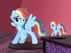 Size: 640x480 | Tagged: safe, artist:nxzc88, rainbow dash, pegasus, pony, g4, animated, bedroom eyes, blinking, body control, bondage, curse, cute, dashabetes, female, figurine, forced smile, gif, grin, gritted teeth, magic, magic circle, magical bondage, platform, raised hoof, show accurate, smiling, solo, spread wings, struggling, transfixed, trapped, voodoo, voodoo doll, wings