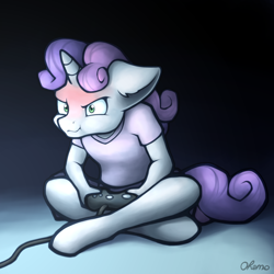 Size: 2000x2000 | Tagged: safe, artist:ohemo, sweetie belle, unicorn, anthro, unguligrade anthro, g4, angry, atg 2020, blushing, clothes, controller, cute, diasweetes, digital art, female, filly, foal, frustrated, gamer, gamer belle, grumpy belle, high res, madorable, newbie artist training grounds, solo