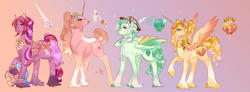 Size: 2610x965 | Tagged: safe, artist:bunnari, oc, oc:chevalier rose, oc:fleur d'miel, oc:peach gloss, oc:wintergreen pomme, alicorn, earth pony, pegasus, pony, unicorn, female, hat, magical lesbian spawn, male, mare, offspring, parent:applejack, parent:fleur-de-lis, stallion, transgender