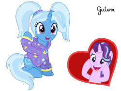Size: 3334x2501 | Tagged: safe, artist:gutovi, starlight glimmer, trixie, pony, unicorn, g4, alternate hairstyle, babysitter trixie, clothes, cute, diatrixes, female, gameloft interpretation, high res, hoodie, lesbian, pigtails, ship:startrix, shipping, show accurate, simple background, transparent background, twintails, vector