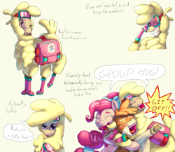 Size: 1011x879 | Tagged: safe, artist:firefanatic, arizona (tfh), paprika (tfh), pinkie pie, alpaca, cow, earth pony, pony, them's fightin' herds, g4, alternate design, alternate hairstyle, bag, blushing, boots, bow, calf, community related, embarrassed, goggles, group hug, hair tie, hug, indignant, paprika can talk, saddle bag, shoes