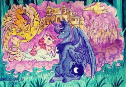 Size: 1280x881 | Tagged: safe, artist:laps-sp, pinkie pie, princess luna, alicorn, earth pony, pony, siren, fanfic:the enchanted kingdom, g4, castle, fanfic art, female, mare, sitting, smiling, traditional art