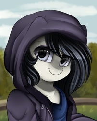 Size: 803x994 | Tagged: source needed, safe, artist:pridark, oc, oc only, oc:lodey darkshine, earth pony, anthro, bust, clothes, commission, cute, earth pony oc, eyeshadow, female, grass, hoodie, looking at you, makeup, outdoors, sky, smiling, solo