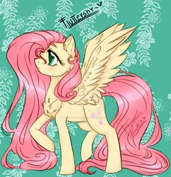 Size: 1920x1982 | Tagged: safe, artist:damascaseliads, artist:karensaher, fluttershy, pegasus, pony, g4, chest fluff, cute, deviantart watermark, ear fluff, female, looking away, mare, name, obtrusive watermark, profile, raised hoof, raised leg, shyabetes, solo, spread wings, standing, stray strand, watermark, wings
